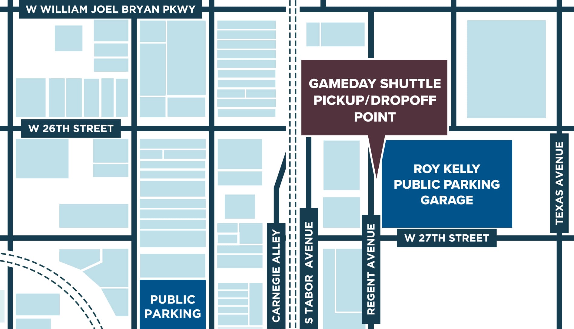 The pickup and dropoff point for Bryan gameday shuttles is Roy Kelly Parking Garage (200 E. 27th St.) in Downtown Bryan.